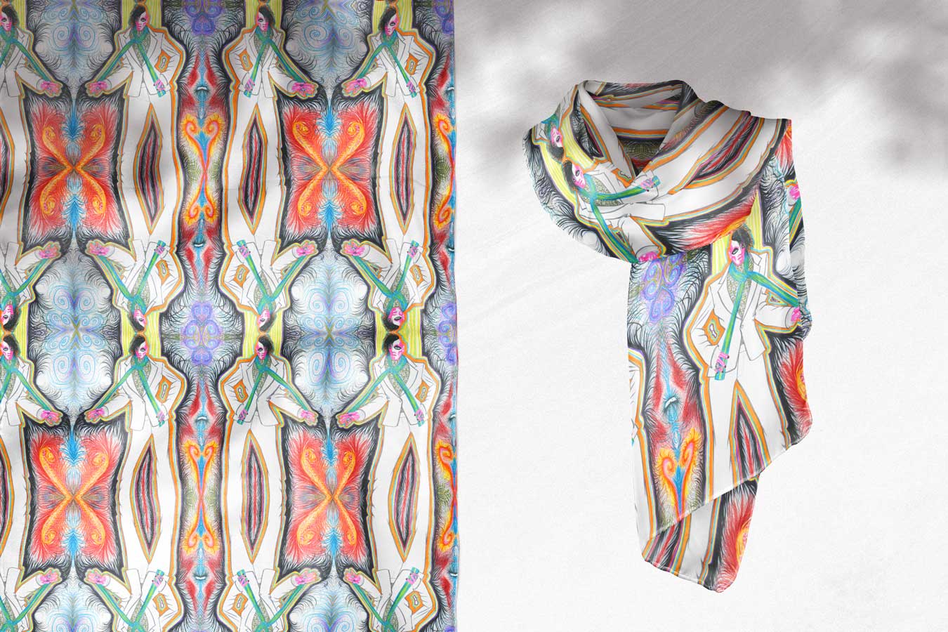 image of a fabric designed for Paul Gallo showing men in white suites in a lively in a rich fabric design of kaleidoscope of patterns and colors.