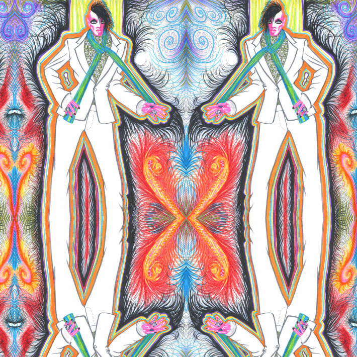 image of a fabric designed for Paul Gallo showing two men in white suite in a lively in a rich fabric design of kaleidoscope of patterns and colors.