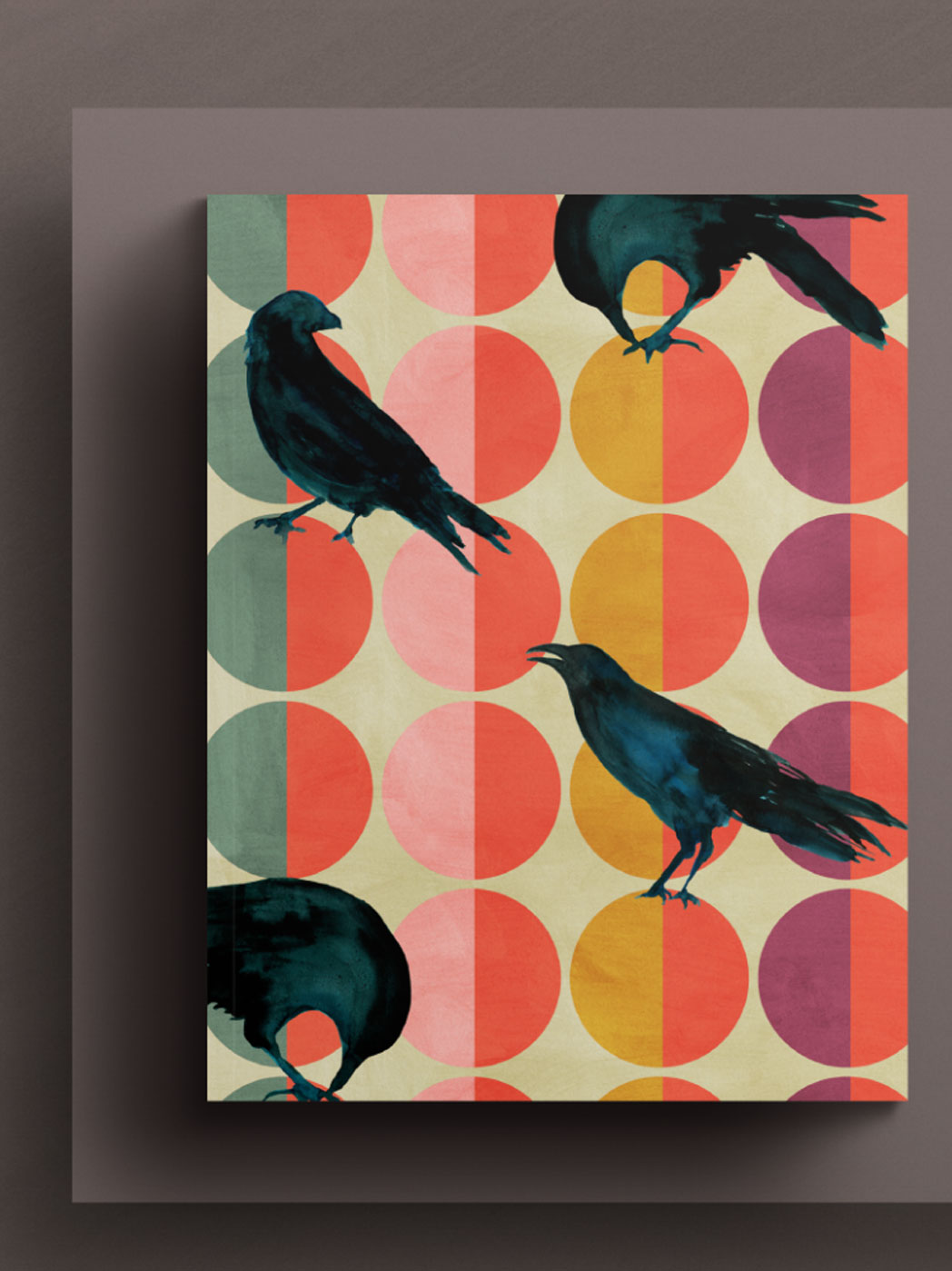 Sandra Banava design of three crows sitting on top of colorful big dots a modern design for textiles 